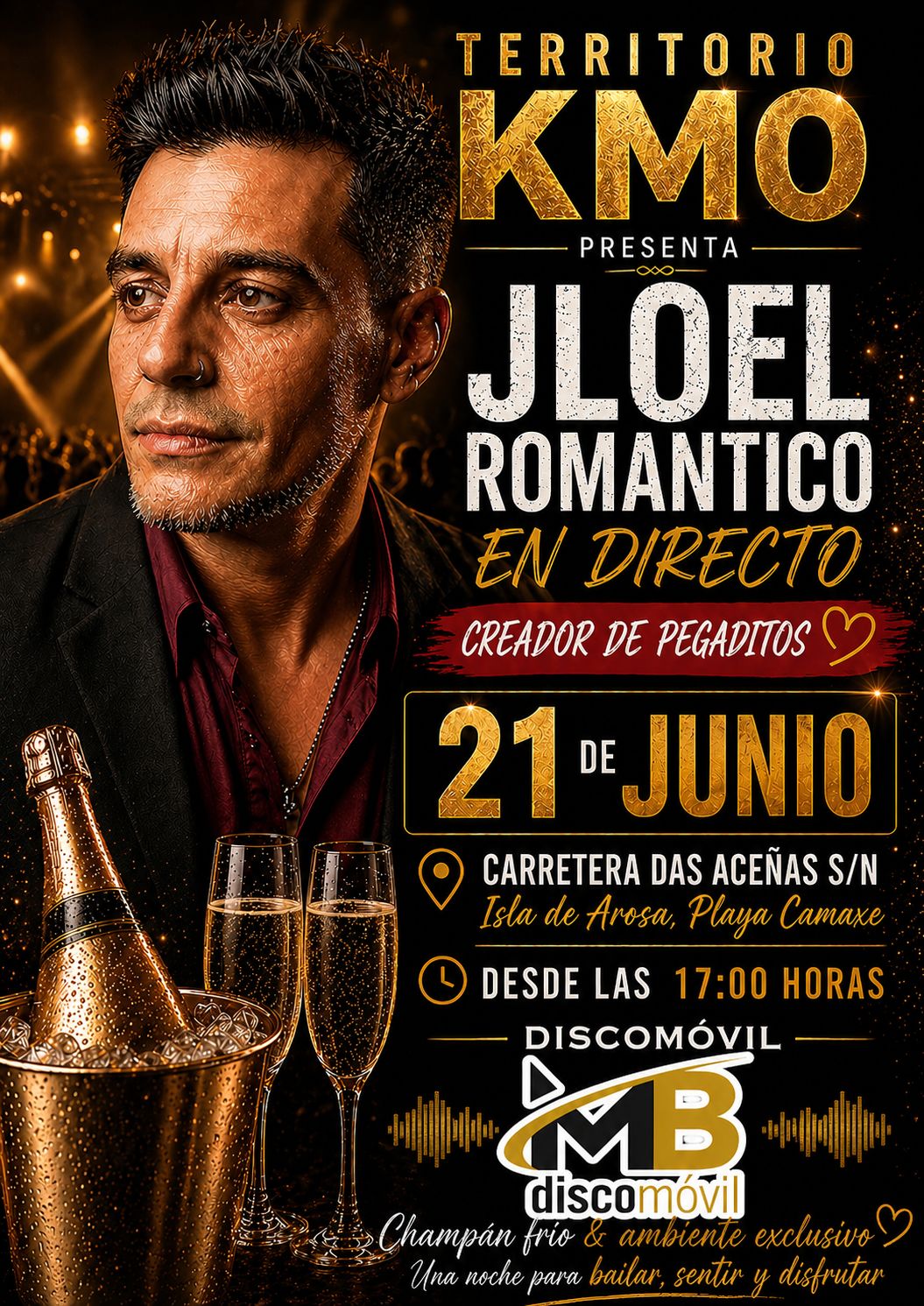 Cartel del evento de JLO El Romántico en Territorio KMO, Isla de Arosa, el 21 de junio